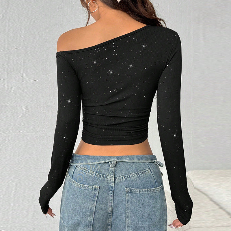 European And American Hot Girl Rhinestone Shoulder Long Sleeve T-shirt