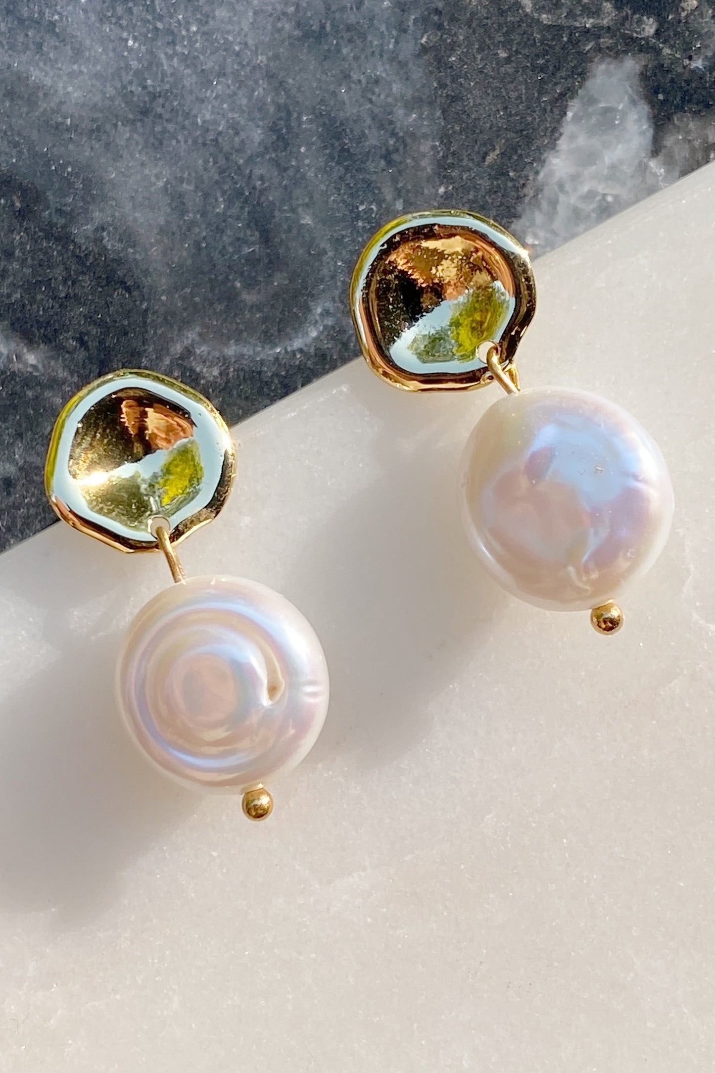 Golden Shell Pearl Drop Earrings by Ellisonyoung.com