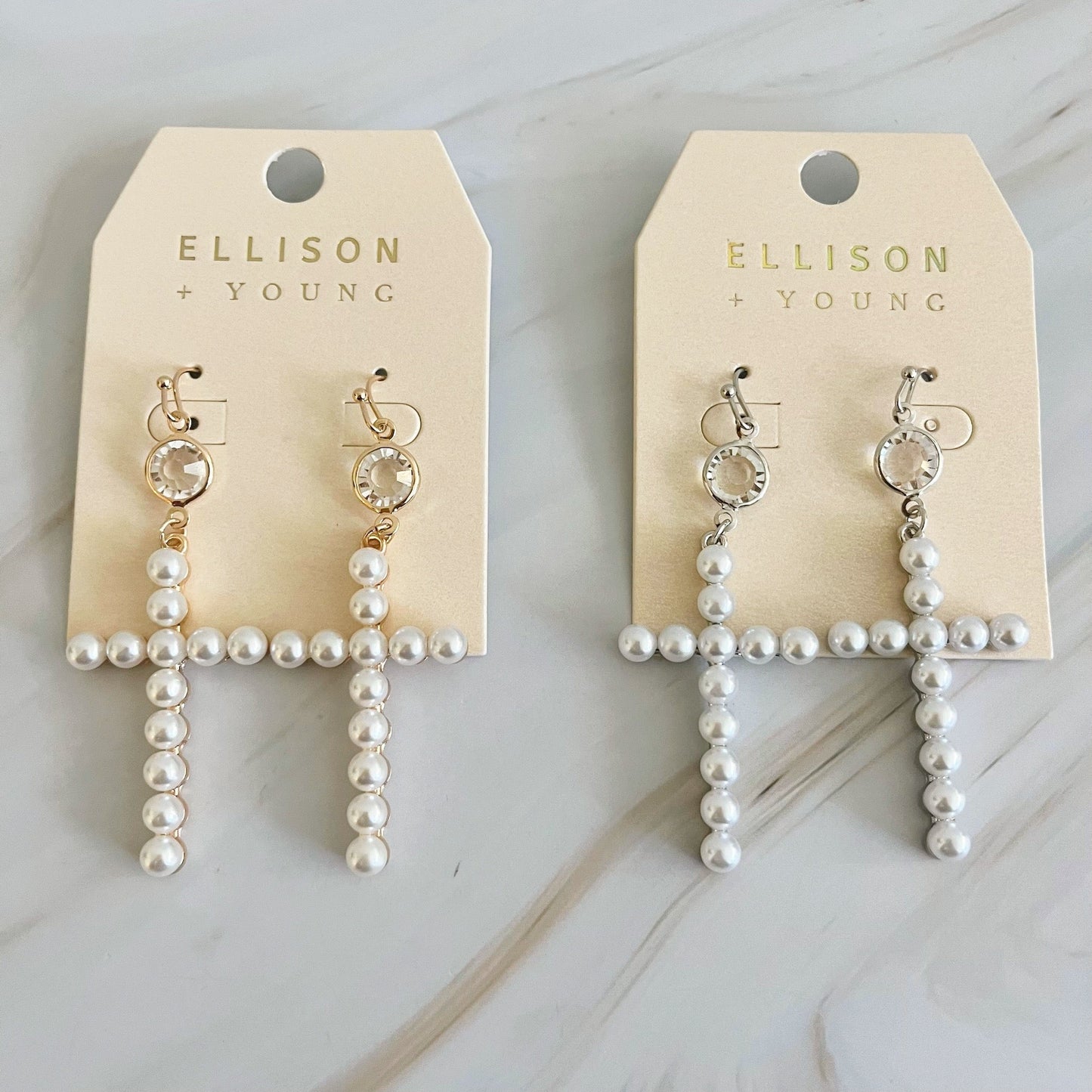 Pearl Cross Dangle Earrings by Ellisonyoung.com