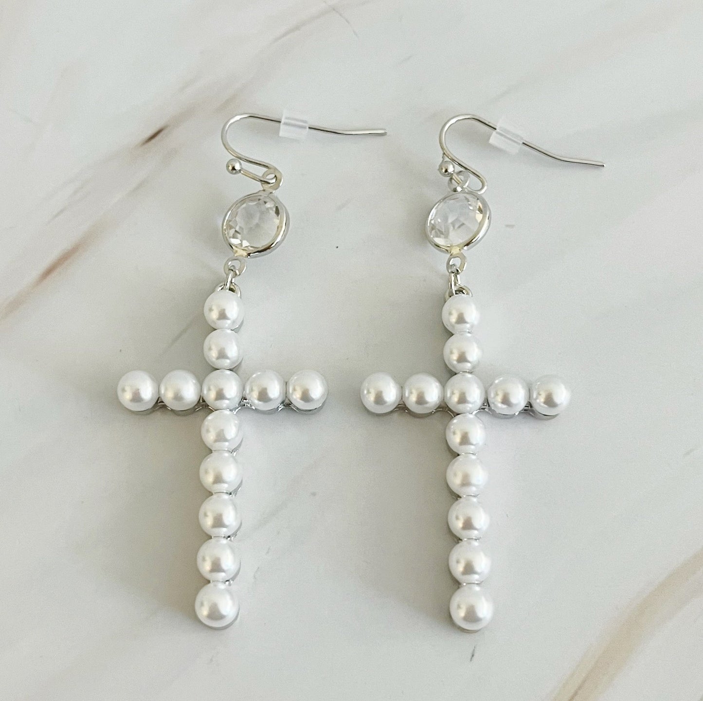 Pearl Cross Dangle Earrings by Ellisonyoung.com