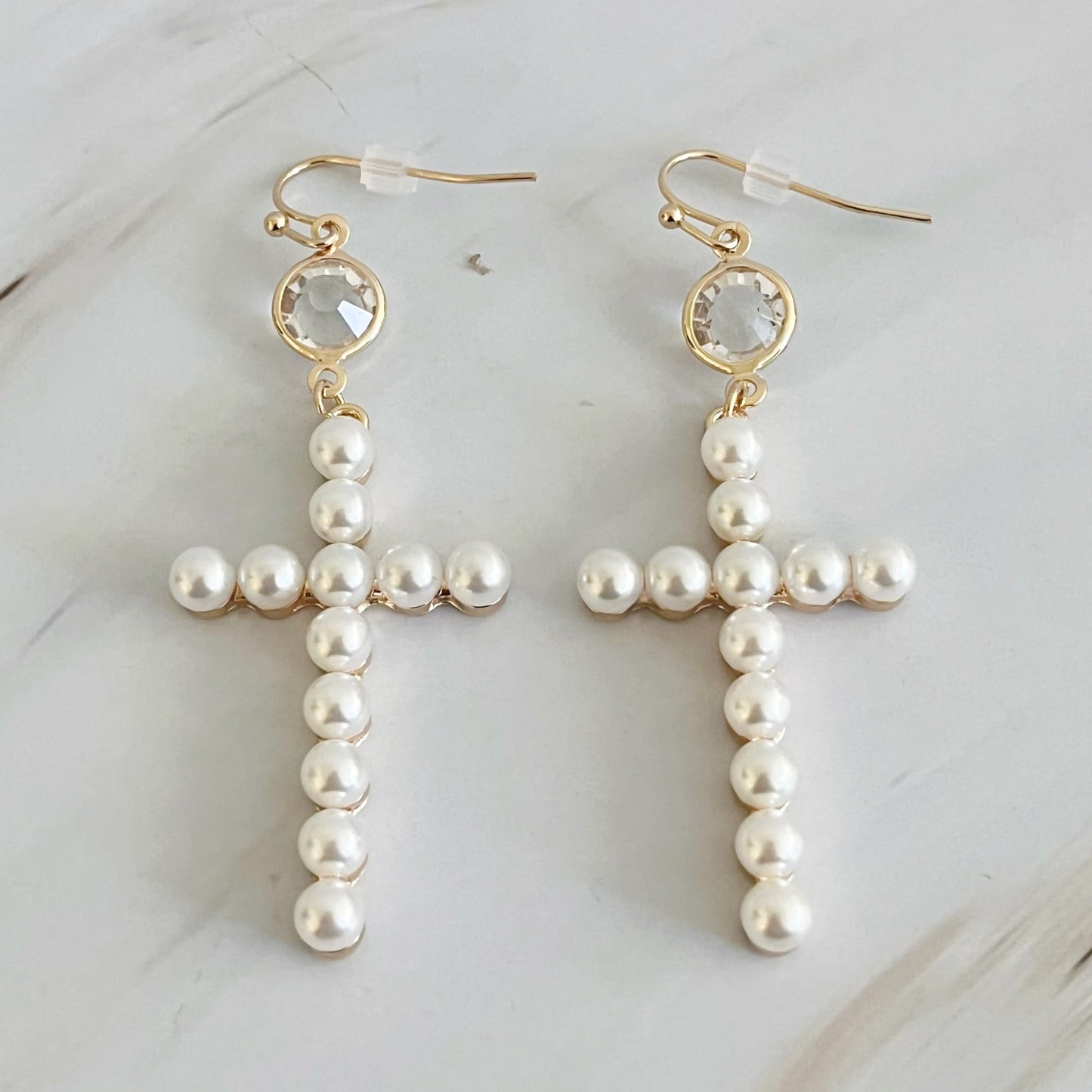 Pearl Cross Dangle Earrings by Ellisonyoung.com