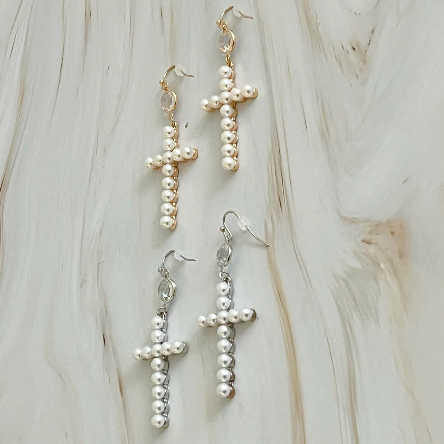 Pearl Cross Dangle Earrings by Ellisonyoung.com