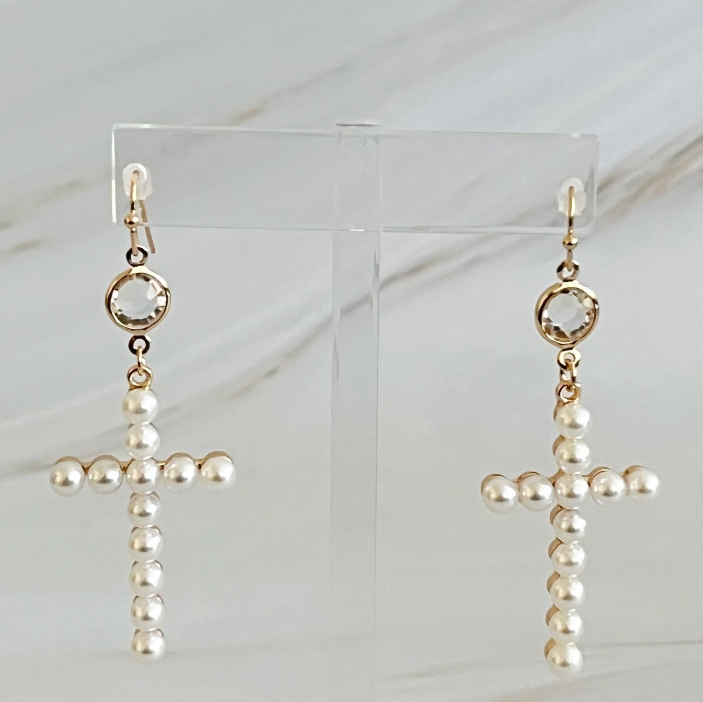 Pearl Cross Dangle Earrings by Ellisonyoung.com