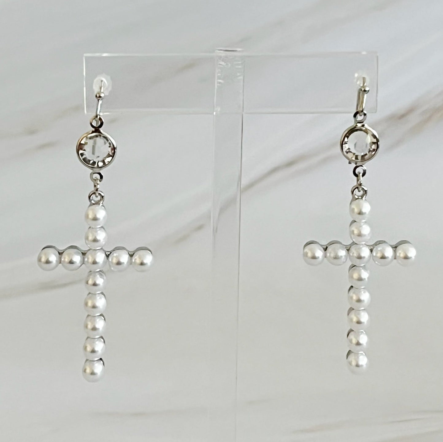 Pearl Cross Dangle Earrings by Ellisonyoung.com
