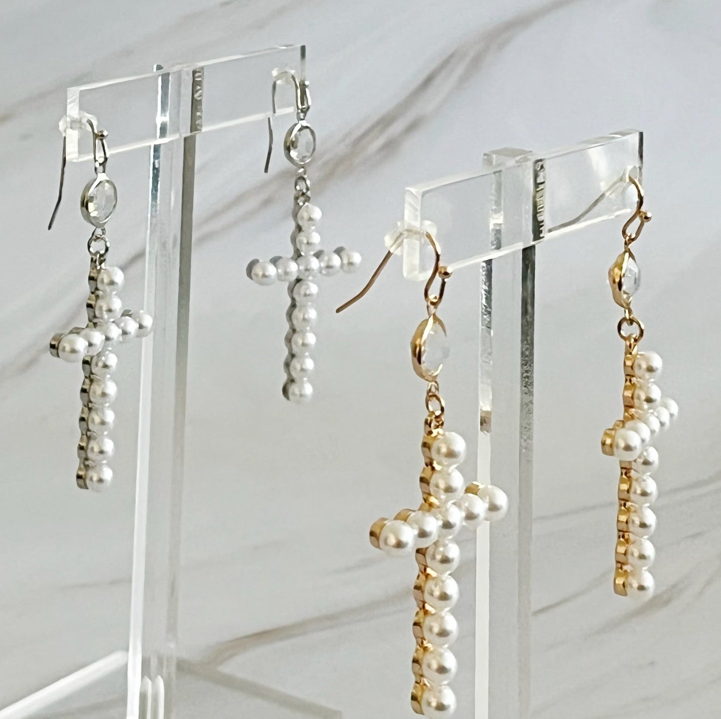 Pearl Cross Dangle Earrings by Ellisonyoung.com