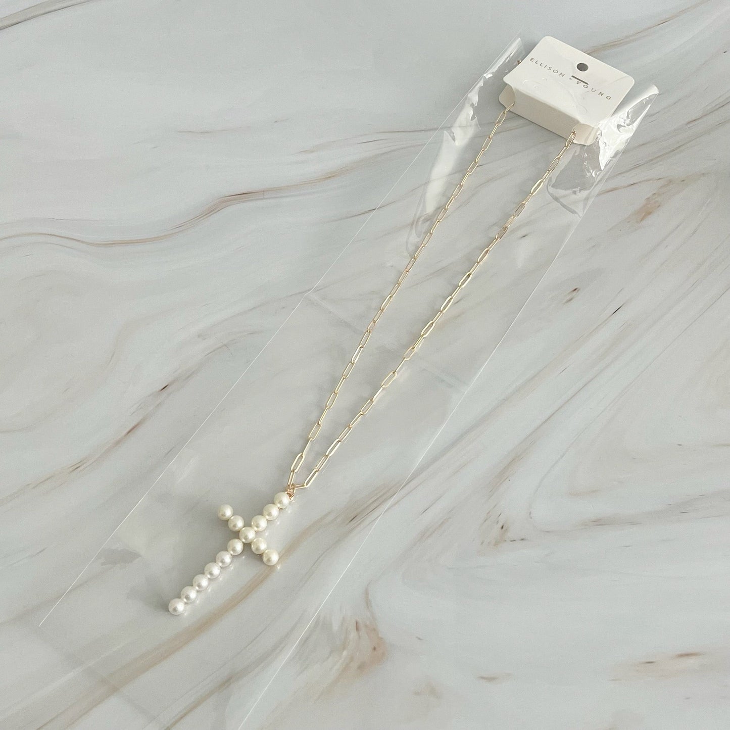 Pearl Cross Pendant Clip Chain Necklace by Ellisonyoung.com