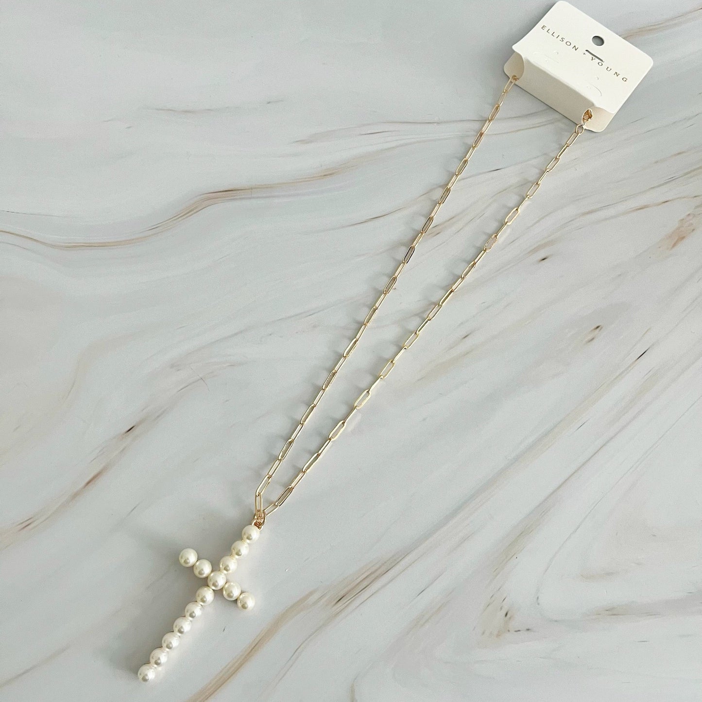 Pearl Cross Pendant Clip Chain Necklace by Ellisonyoung.com