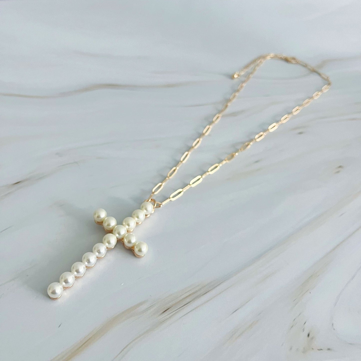 Pearl Cross Pendant Clip Chain Necklace by Ellisonyoung.com