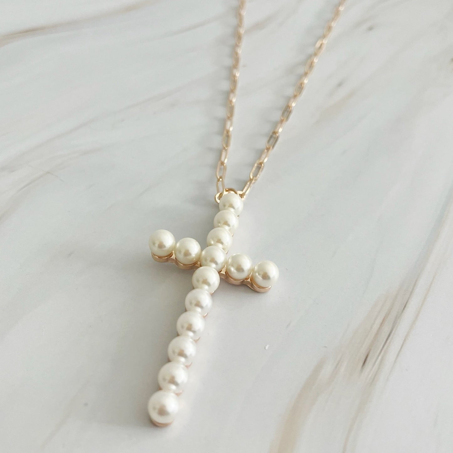 Pearl Cross Pendant Clip Chain Necklace by Ellisonyoung.com