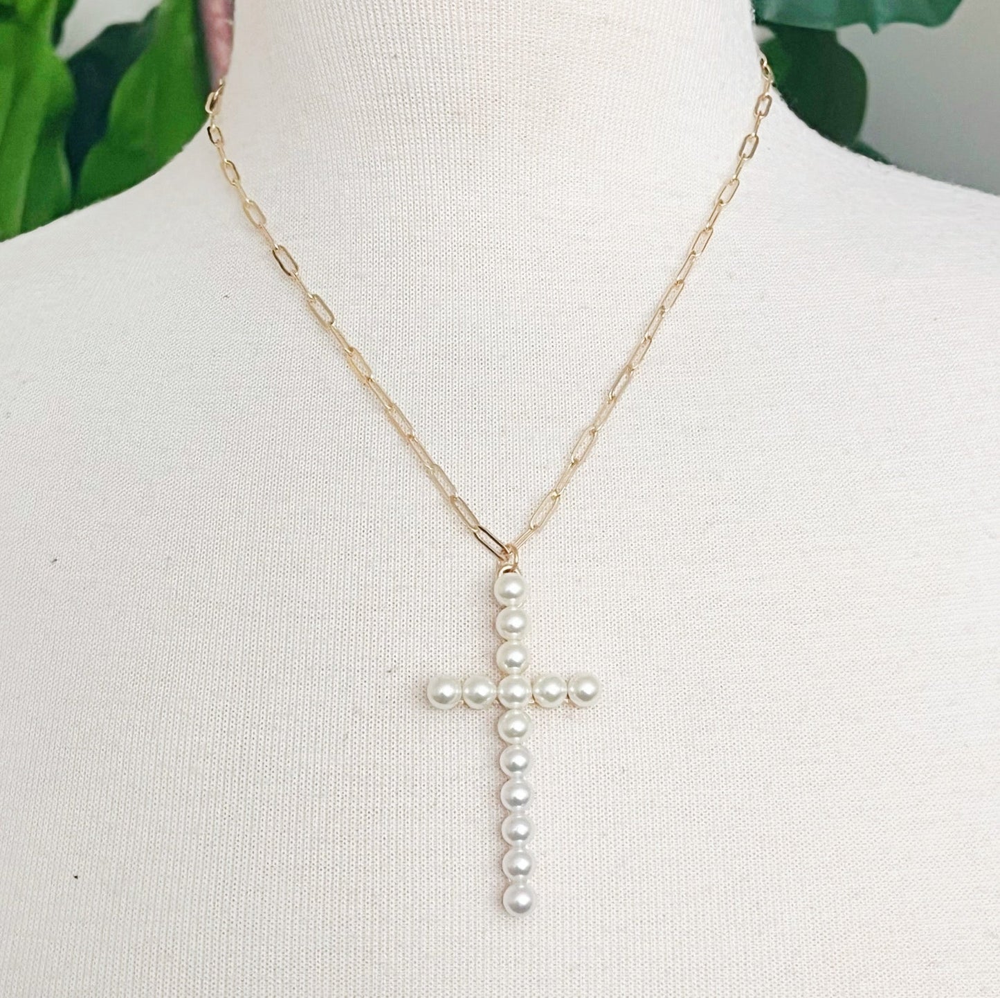 Pearl Cross Pendant Clip Chain Necklace by Ellisonyoung.com