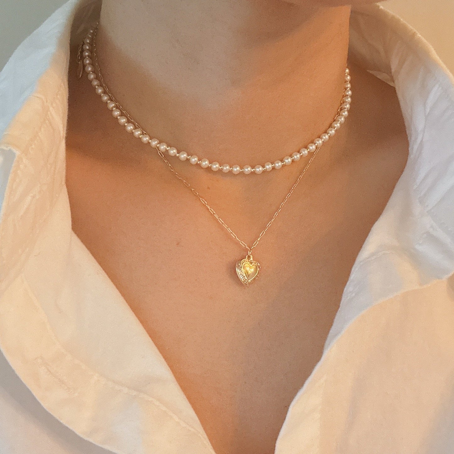 Pearls And Heart Locket Layered Necklace by Ellisonyoung.com