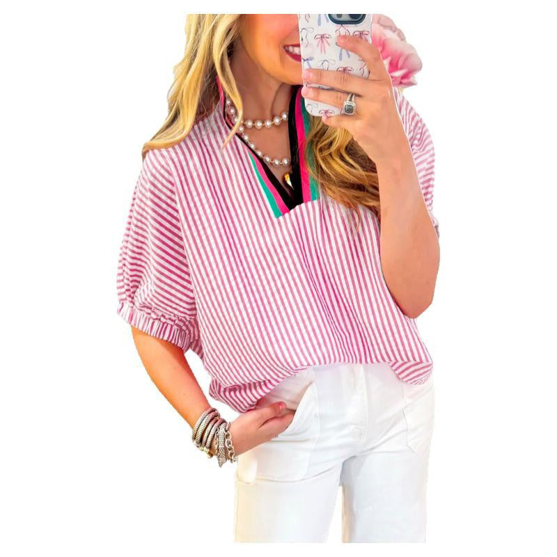 Color-block V Neck Pullover Top For Women
