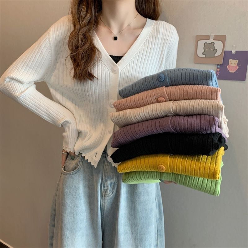Fall V-neck Sunken Stripe Knitted Cardigan For Women