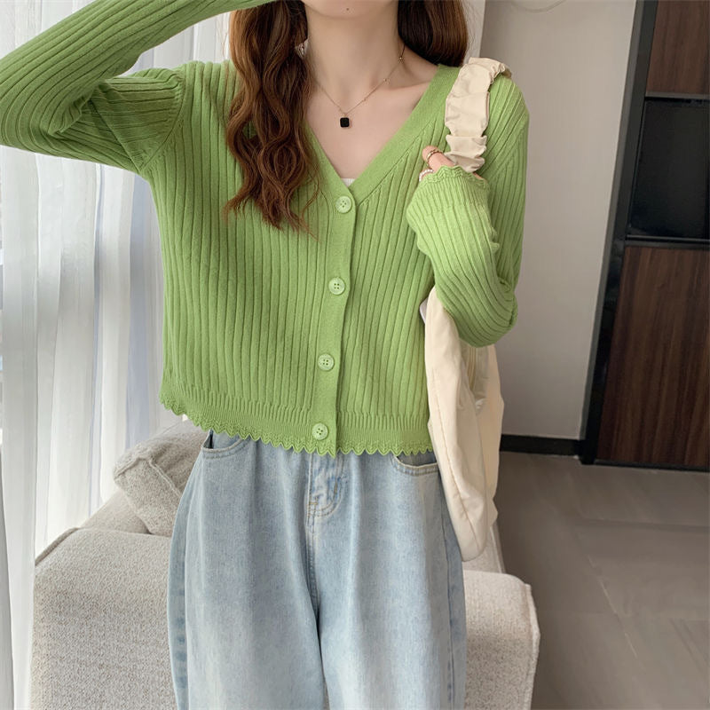 Fall V-neck Sunken Stripe Knitted Cardigan For Women