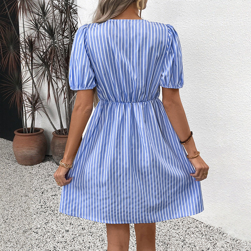 Retro Striped Dress Round Neck Bowknot Lace-up Dress