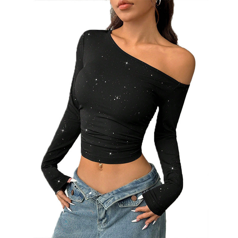European And American Hot Girl Rhinestone Shoulder Long Sleeve T-shirt