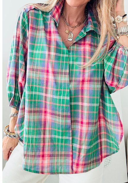 Green Checkered Sleeveless Shirt With Loose Collar
