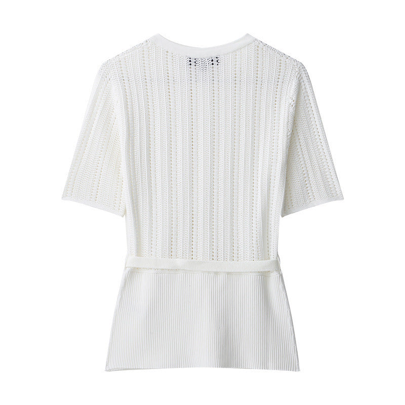 Women's Simple Belt Jacquard Mesh Knitted Coat