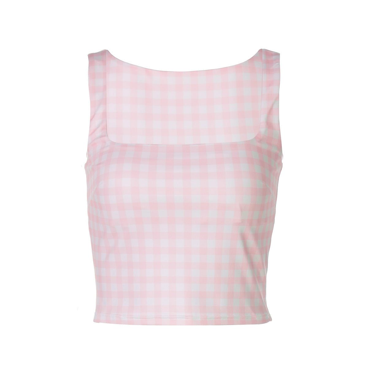Fashion Square Collar Plaid Printed Slim Fit Midriff-baring Vest