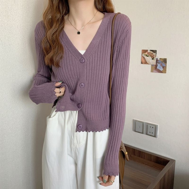 Fall V-neck Sunken Stripe Knitted Cardigan For Women