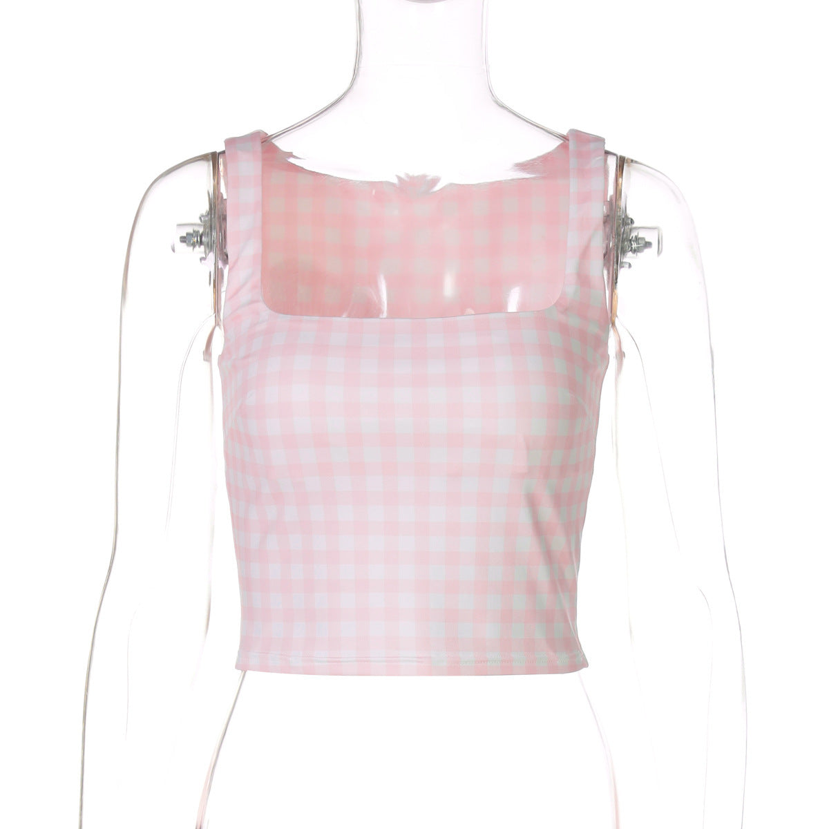 Fashion Square Collar Plaid Printed Slim Fit Midriff-baring Vest