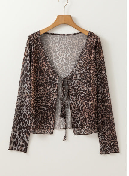 Multicolour Leopard Sheer Mesh Long Sleeve V Neck Lace-up Blouse