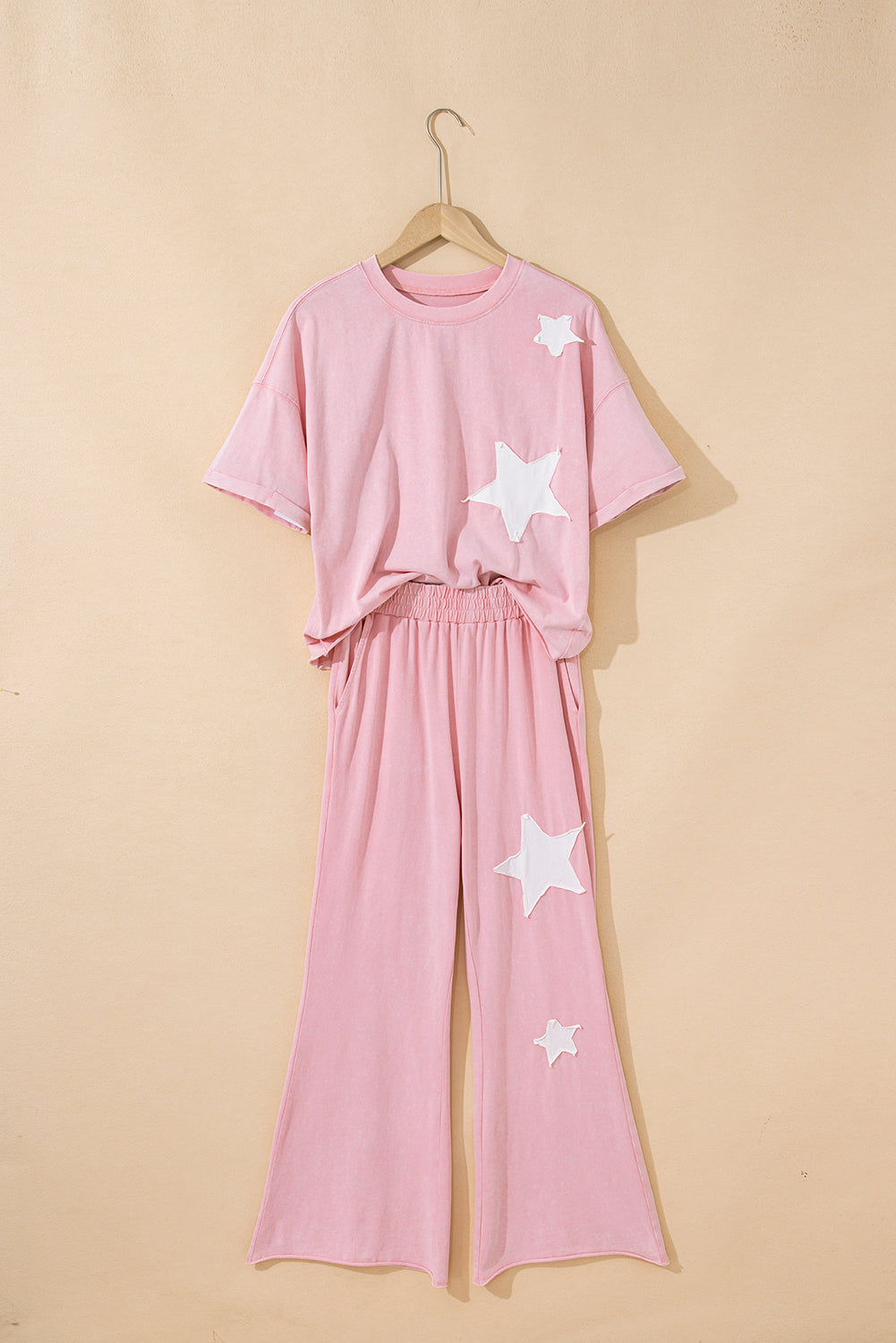 Light Pink Acid Wash Star Patched Rolled Trim Pants Set