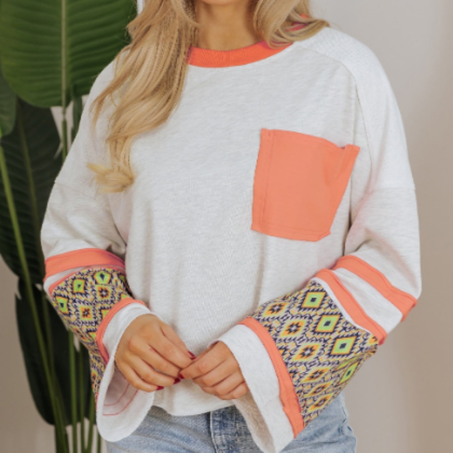 Apricot Western Aztec Patch Mineral Wash Loose Fit Top