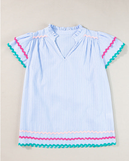 Sky Blue Stripe Ricrac Trim Split Neck Striped Ruffled Sleeve Blouse