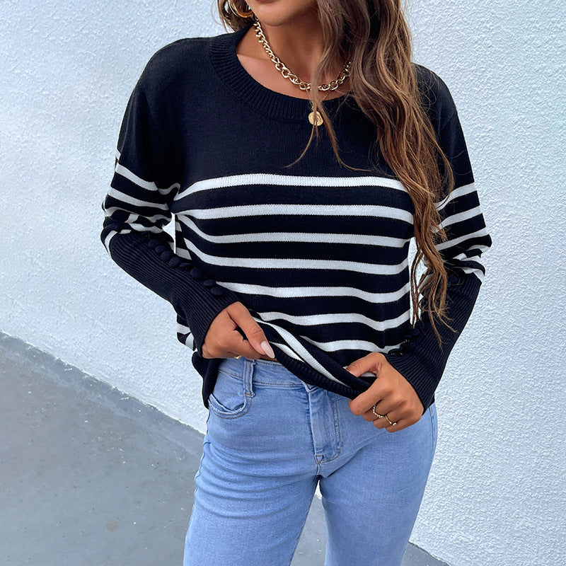 Women's Knitwear Buttons Contrast Striped Sweater
