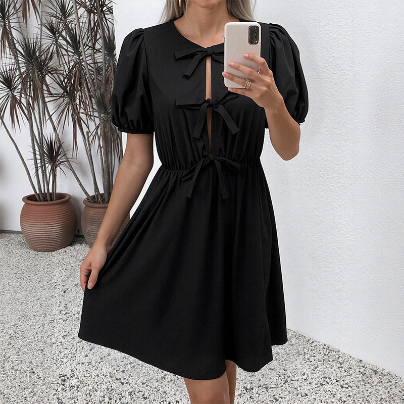 Retro Striped Dress Round Neck Bowknot Lace-up Dress