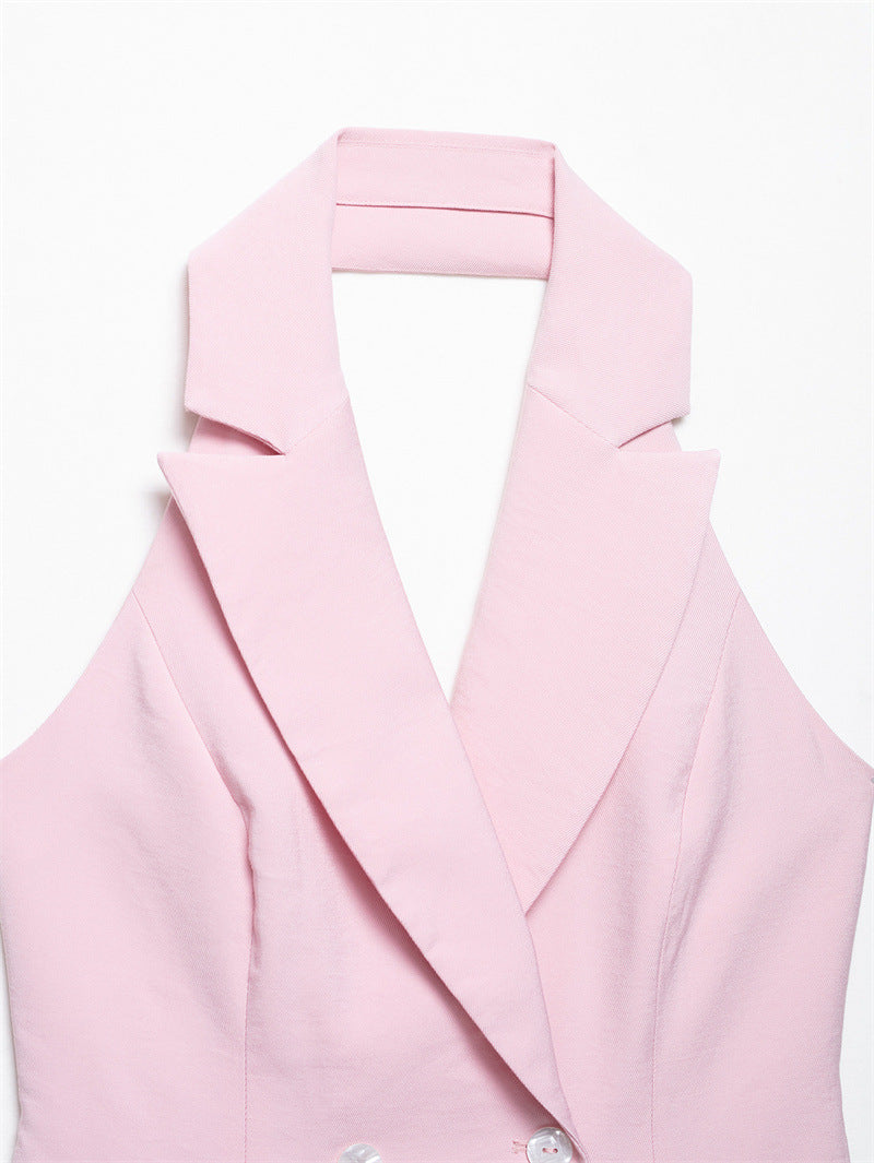 Women's Double Breasted Hanging Collar Vest Wide Back Pants