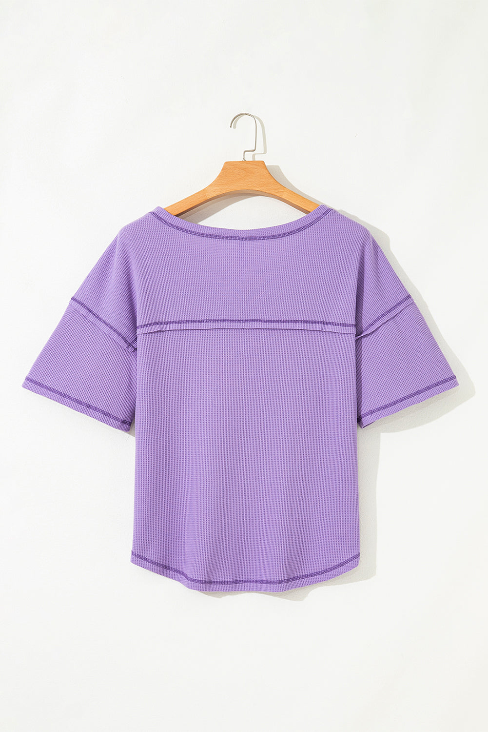Purple Exposed Seam Half Sleeve Knitted V Neck Textured Top