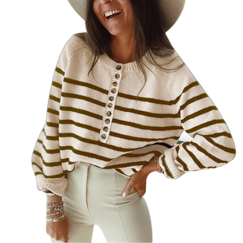 Striped Pullover Blouse Fashion Button Cardigan Women