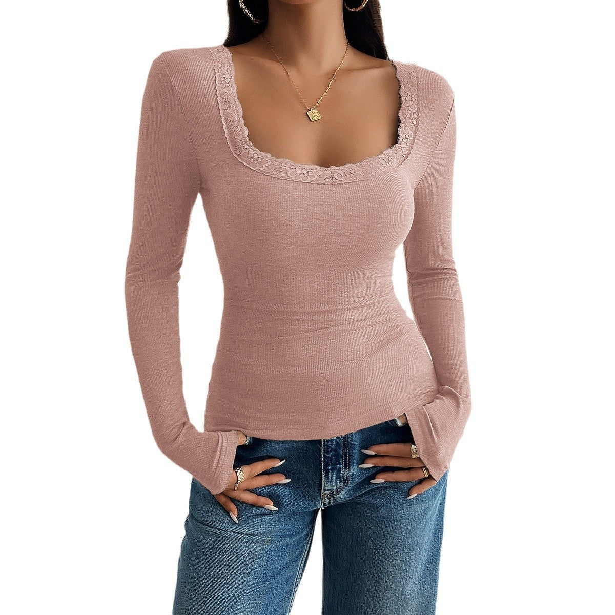 Y2g Elegant Slim Fit Square Collar Long-sleeved Sweater