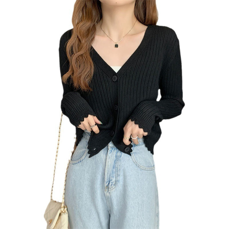 Fall V-neck Sunken Stripe Knitted Cardigan For Women