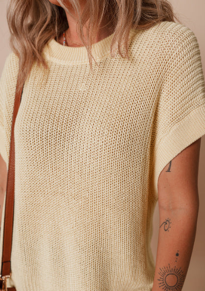 Oatmeal Solid Color Batwing Short Sleeve Round Neck Knit T Shirt