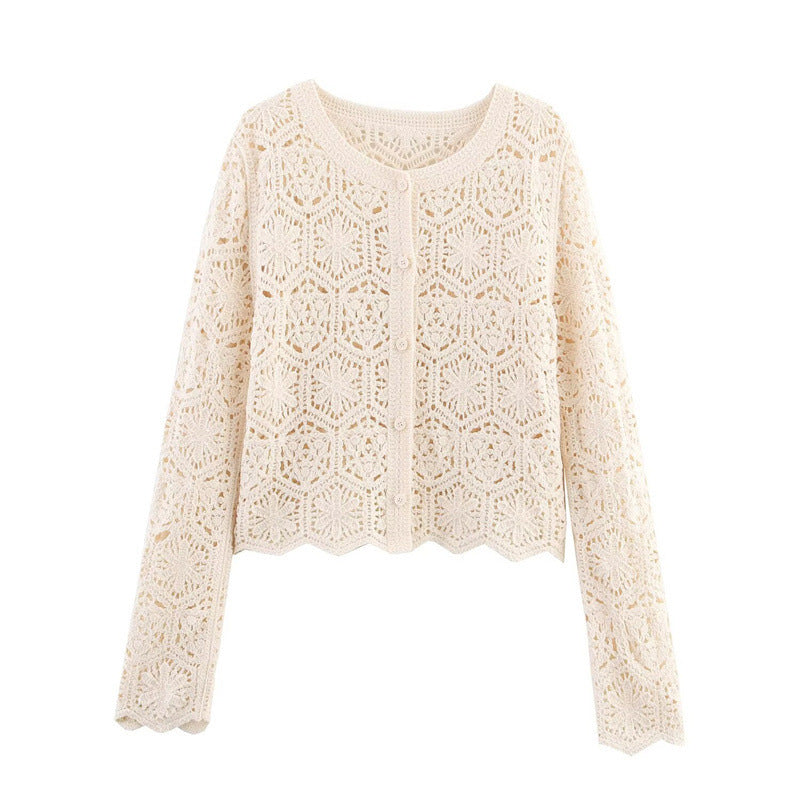 European And American Style French Style New Round Neck Long Sleeve Hollow Wave Hem Knitted Cardigan