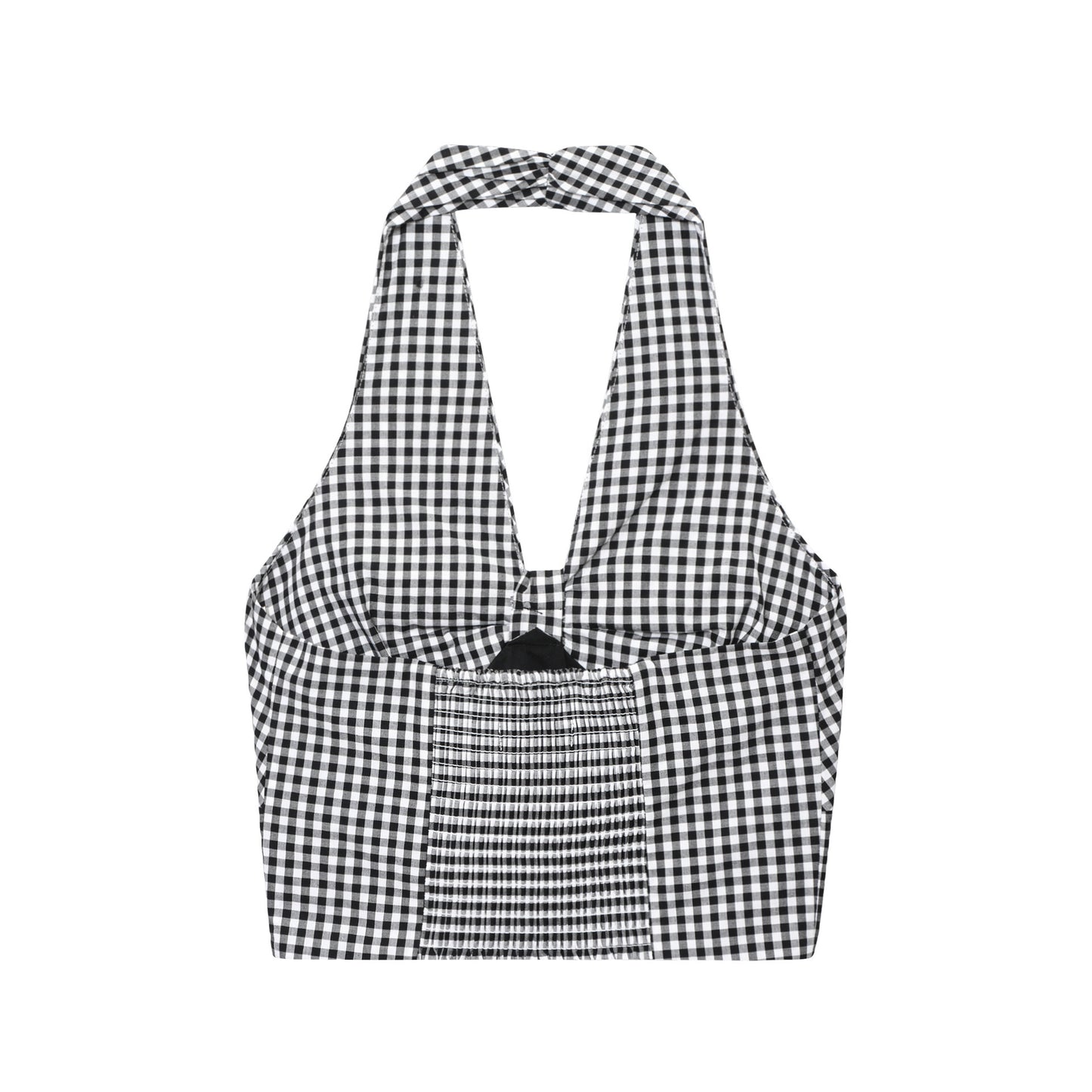 Design Halter Off-the-shoulder Smocking Plaid Camisole
