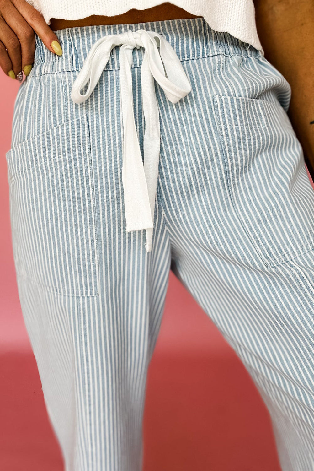 Sky Blue Stripe Mid Rise Drawstring Waist Jeans