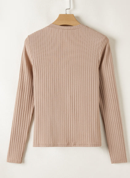 Straw Yellow Ribbed Knit V Neck Long Sleeve Slim Fit Top