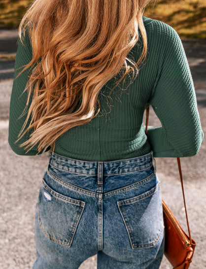 Blackish Green Waffle Knit Slim Fit Wrap V Neck Bodysuit