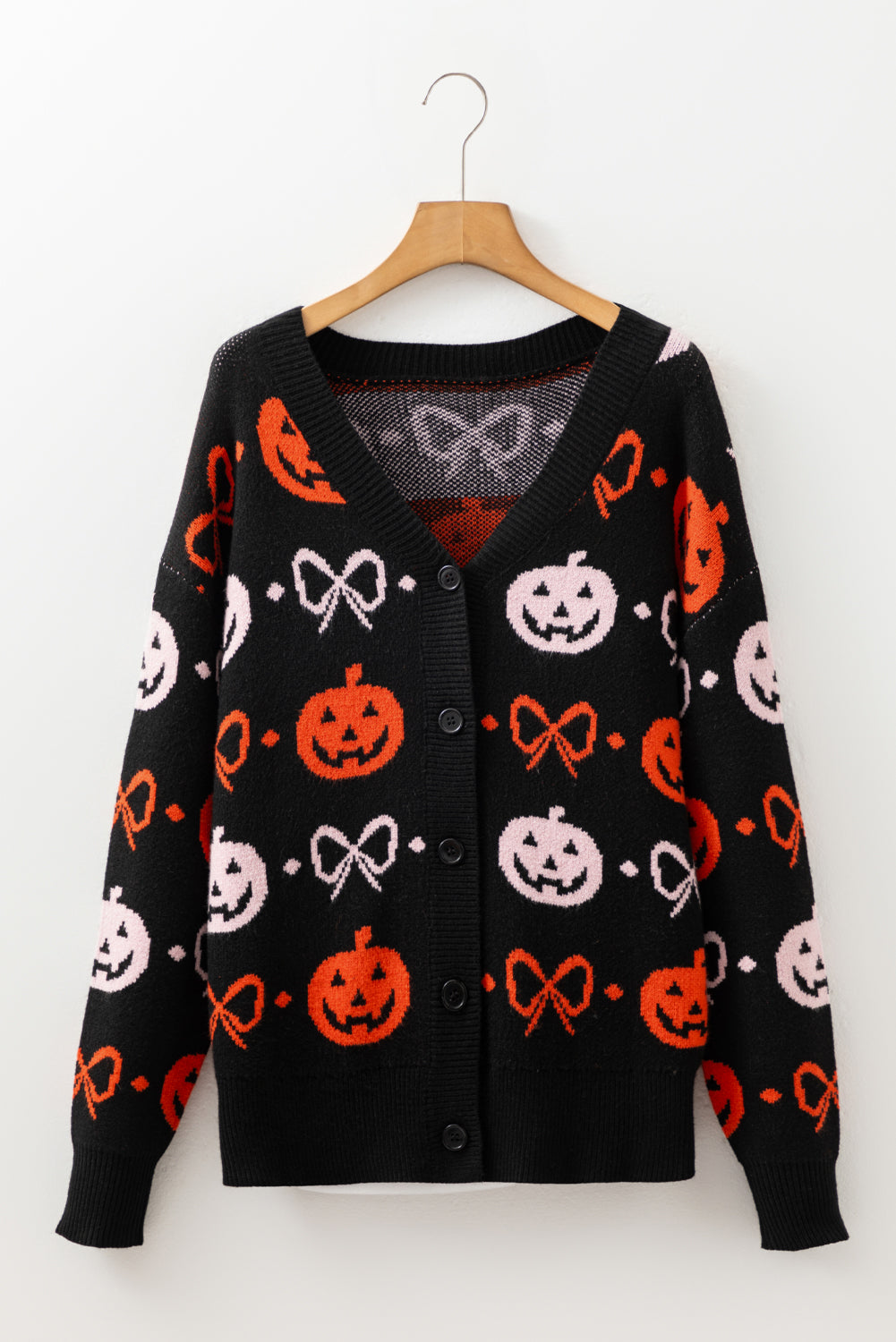 Black Halloween Pumpkin Bow Knit Button V Neck Sweater Cardigan