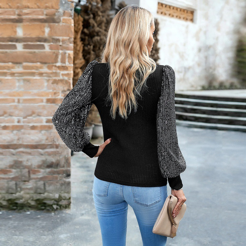 Half-high Collar Long Sleeves Sequin Stitching Knitted Top