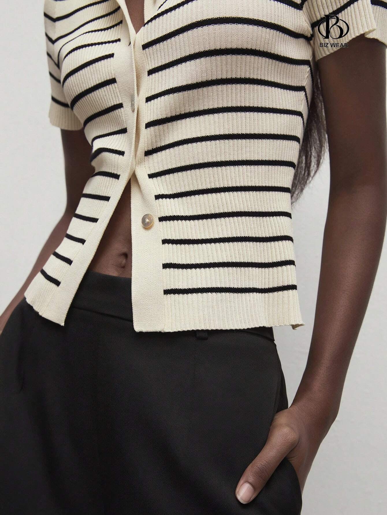 French Striped Short Sleeved Western-style Knitted Fabric