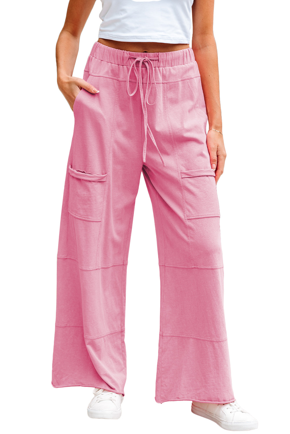 Bonbon Mineral Wash Exposed Seam Drawstring High Waist Wide Leg Cargo Pants