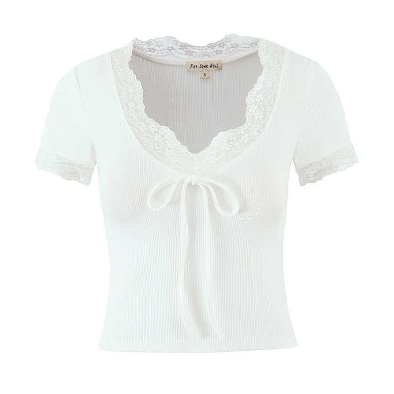 Lace V-neck Slim Knit Small Top