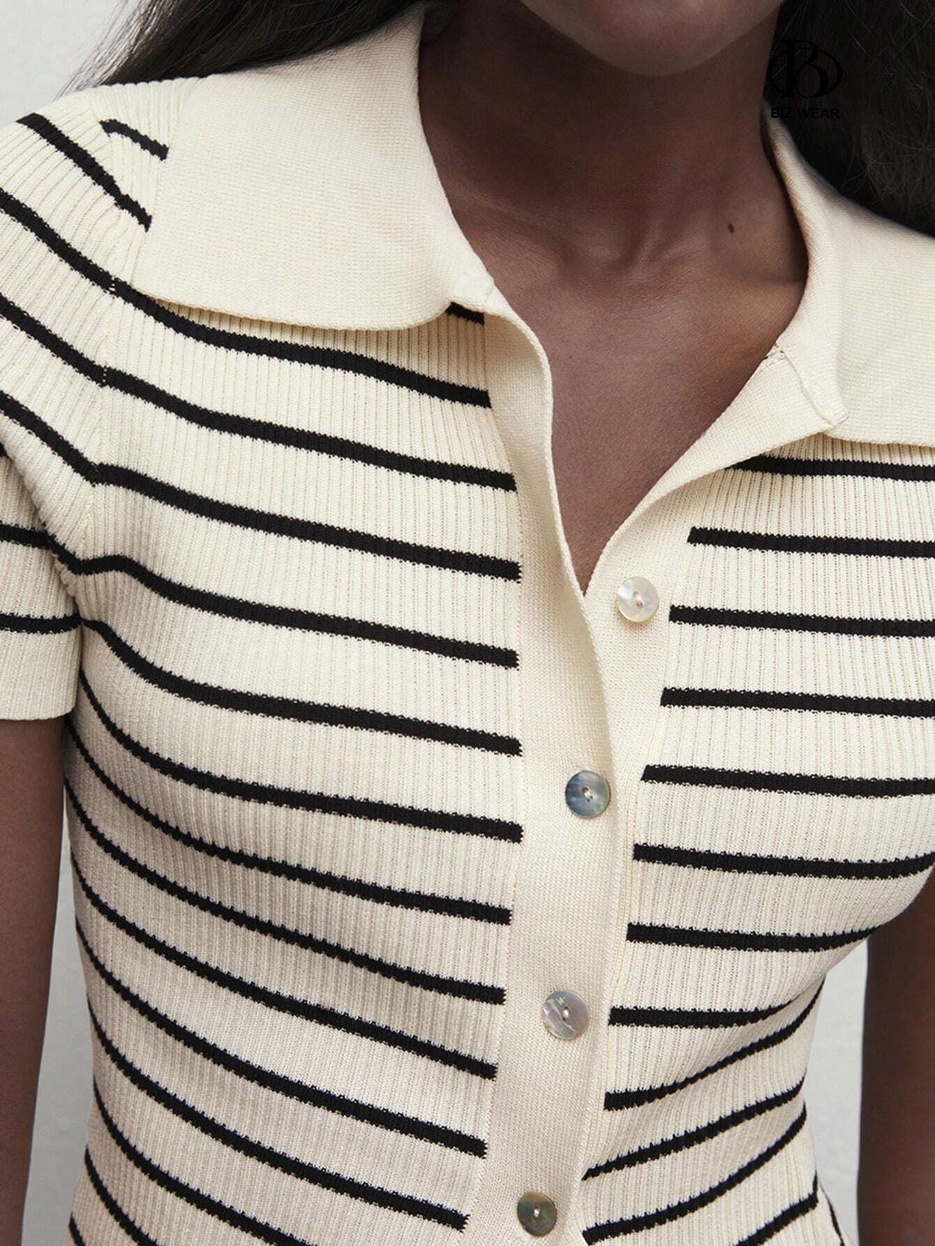 French Striped Short Sleeved Western-style Knitted Fabric