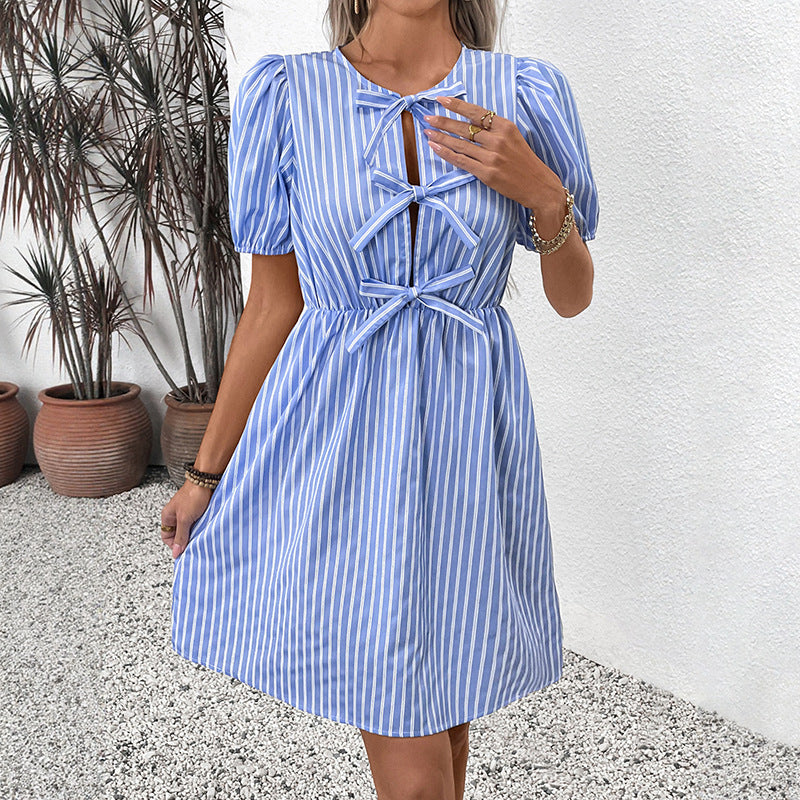 Retro Striped Dress Round Neck Bowknot Lace-up Dress