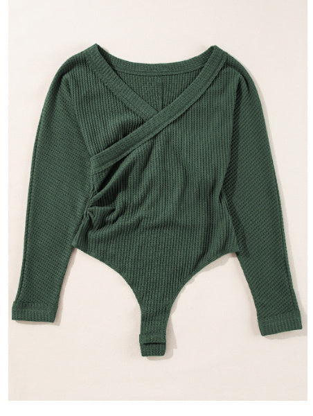 Blackish Green Waffle Knit Slim Fit Wrap V Neck Bodysuit